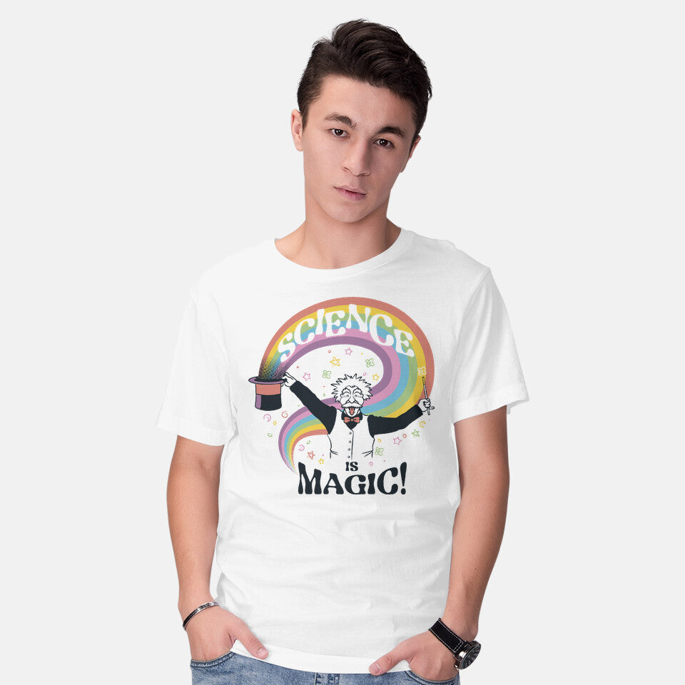 Model wearing white Science Is Magic Einstein Graphic T-Shirt