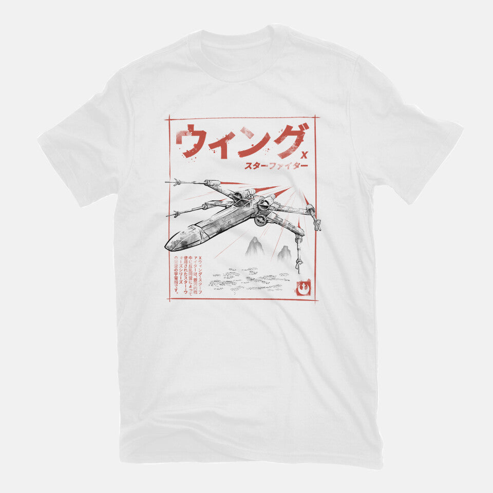 X-Wing Sumi-E – Sci-Fi Graphic T-Shirt in white, flat-lay product view
