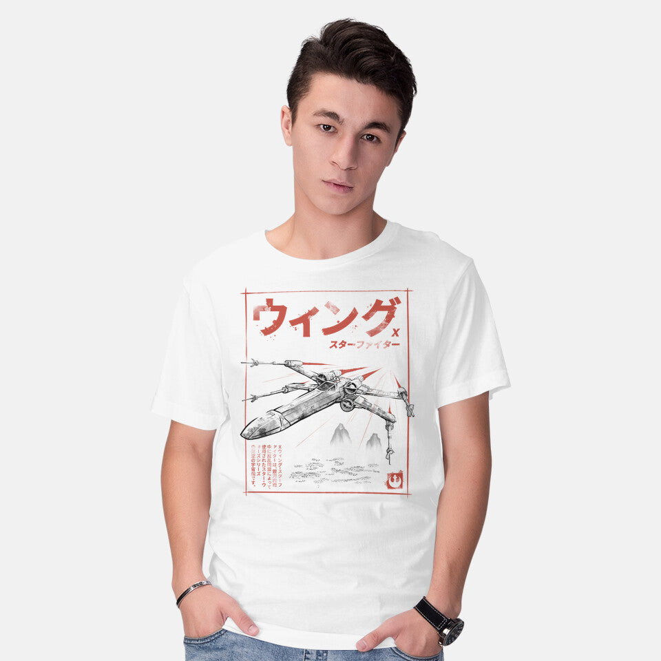 Model wearing white X-Wing Sumi-E – Sci-Fi Graphic T-Shirt