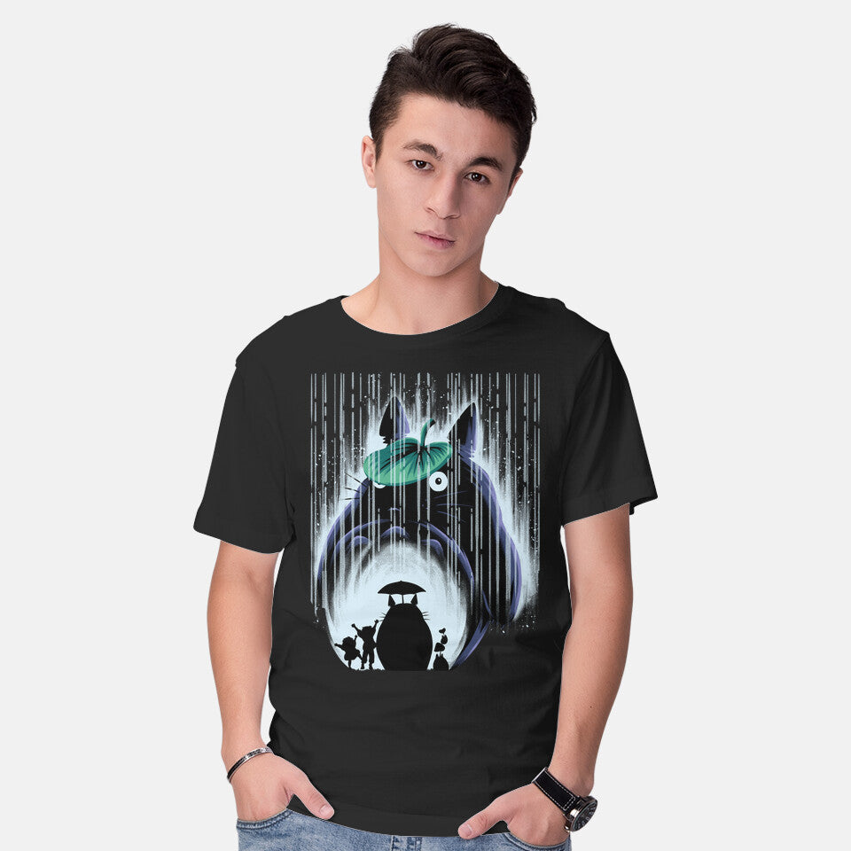 Model wearing black Rainy Neighborhood – Anime Graphic T-Shirt
