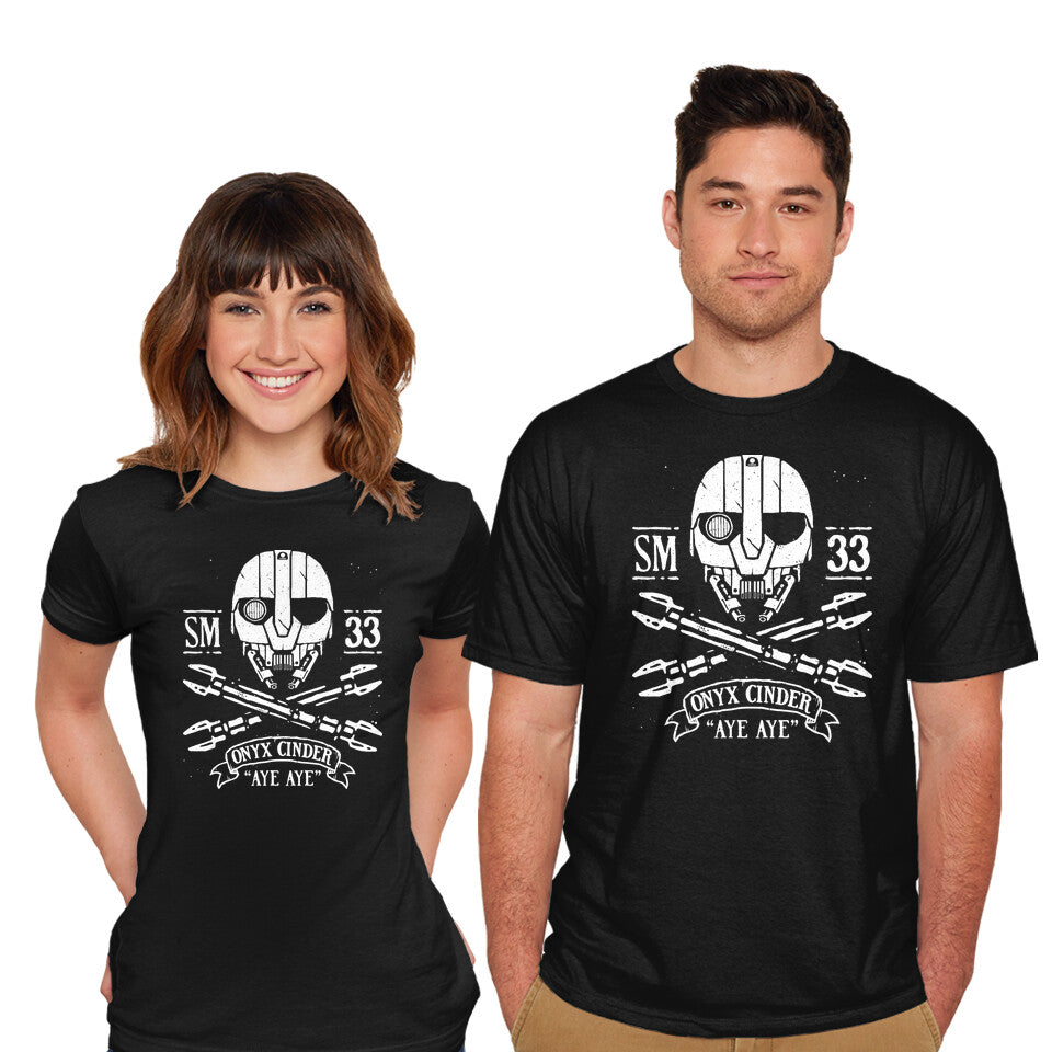 Model wearing black Aye Aye – Sci-Fi Graphic T-Shirt