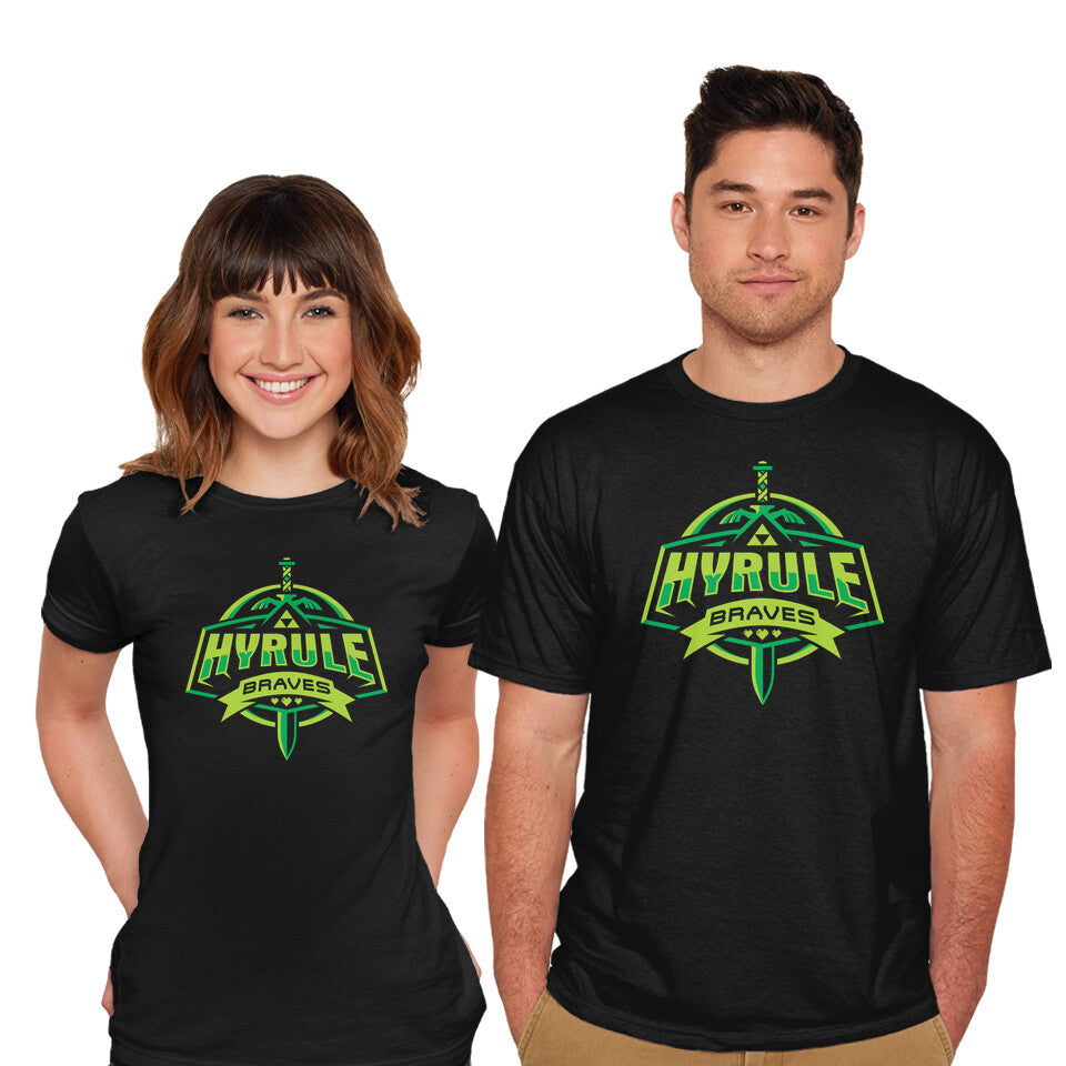 Model wearing black Hyrule Braves – Gaming Graphic T-Shirt