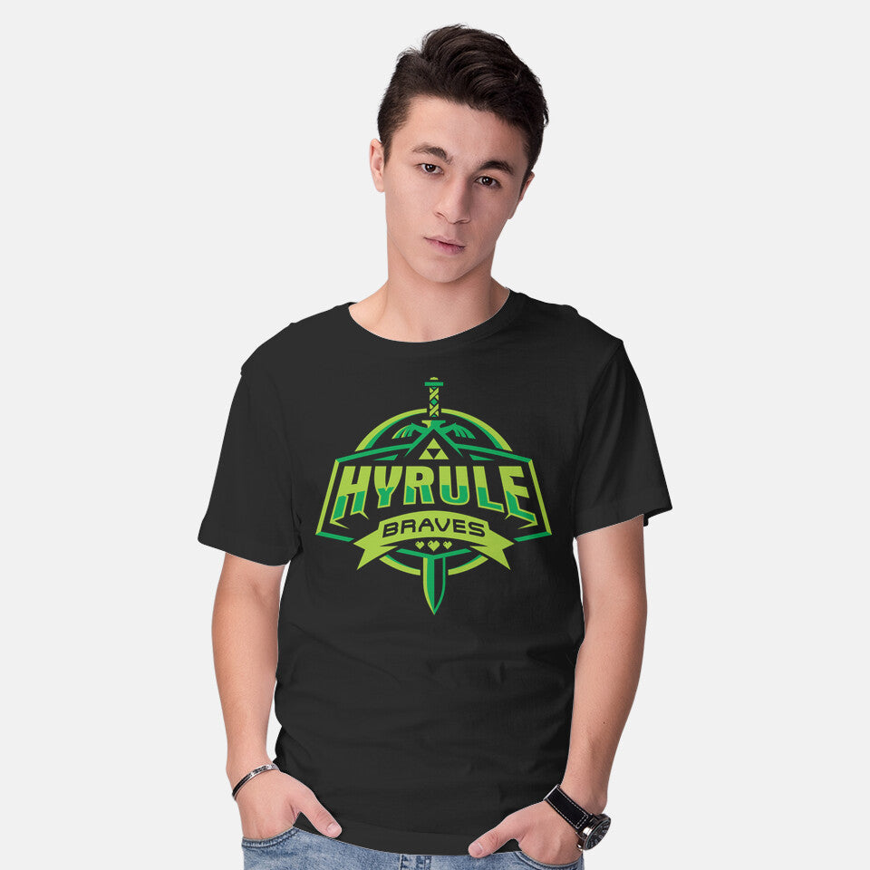 Model wearing black Hyrule Braves – Gaming Graphic T-Shirt