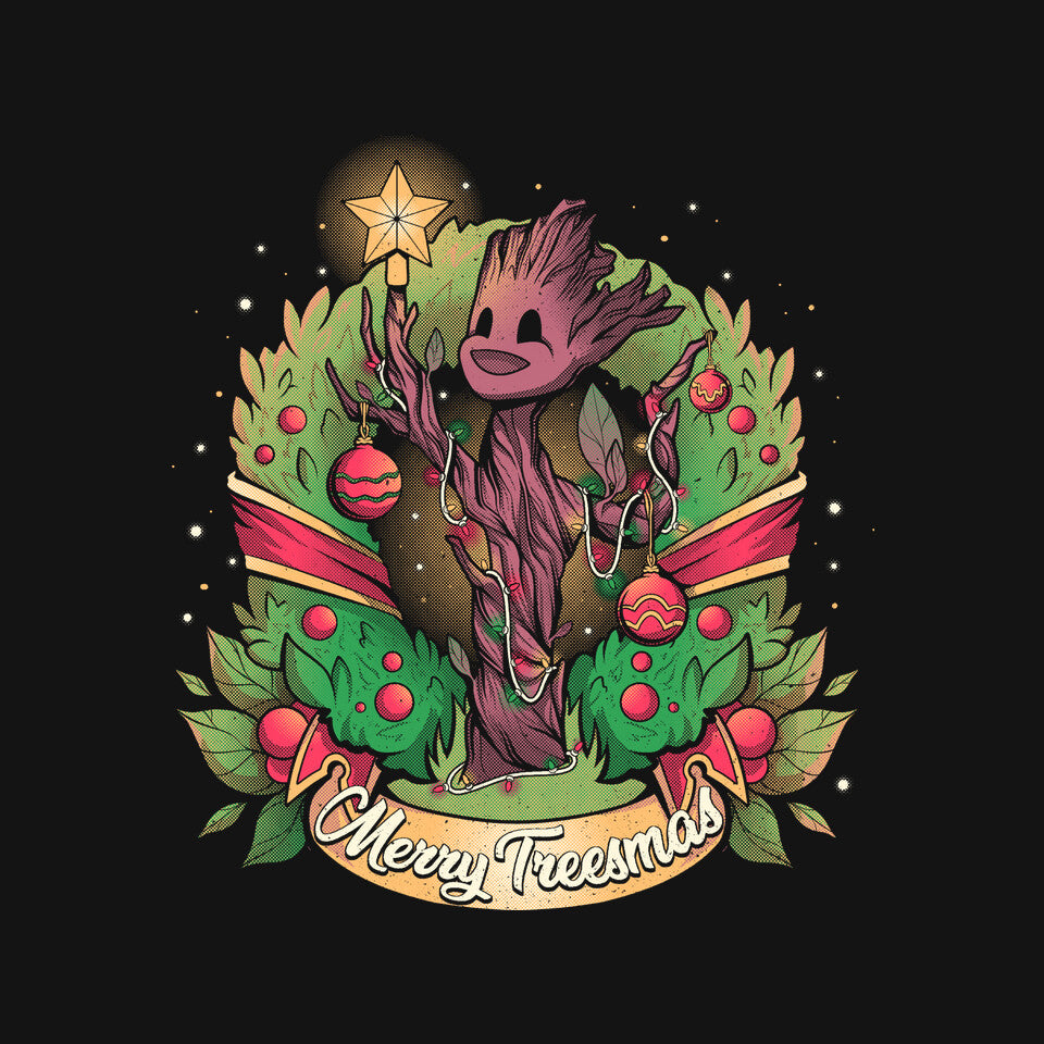 Merry Treesmas – Sci-Fi Graphic T-Shirt design artwork for black graphic T-shirt