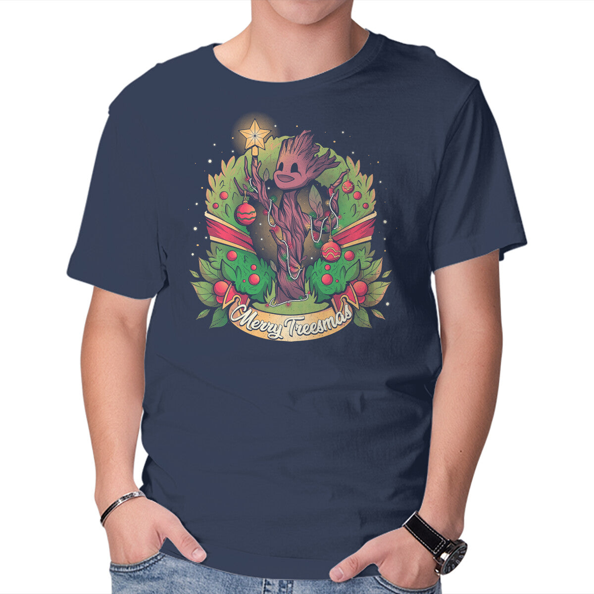 Merry Treesmas – Sci-Fi Graphic T-Shirt in navy, product display