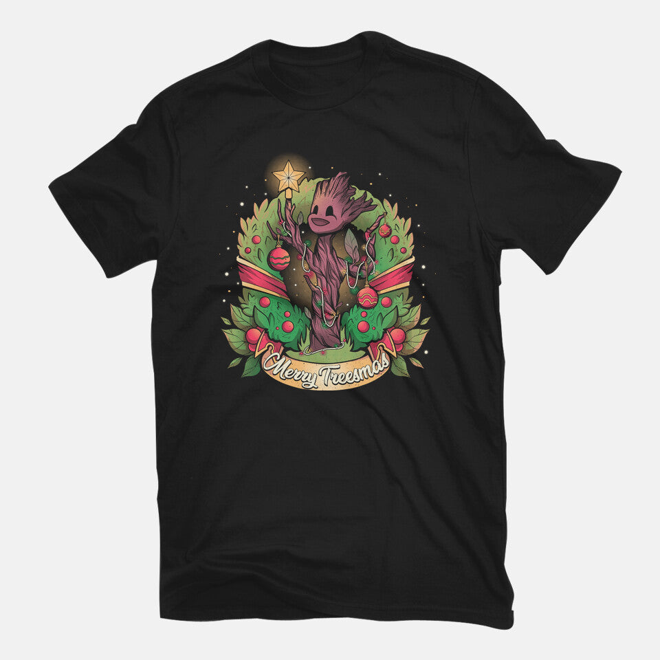 Merry Treesmas – Sci-Fi Graphic T-Shirt in black, flat-lay product view