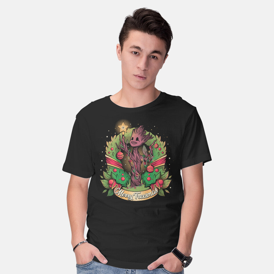 Model wearing black Merry Treesmas – Sci-Fi Graphic T-Shirt