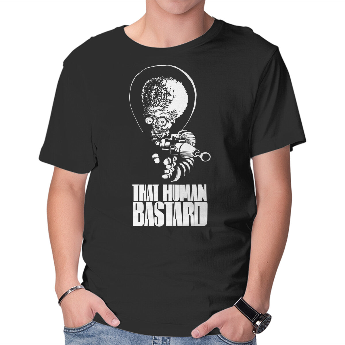 That Human Bastard – Sci-Fi Graphic T-Shirt in black, product display
