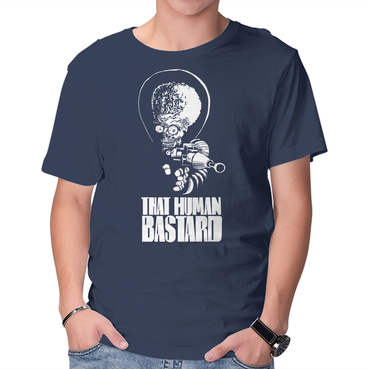 That Human Bastard – Sci-Fi Graphic T-Shirt in navy, product display