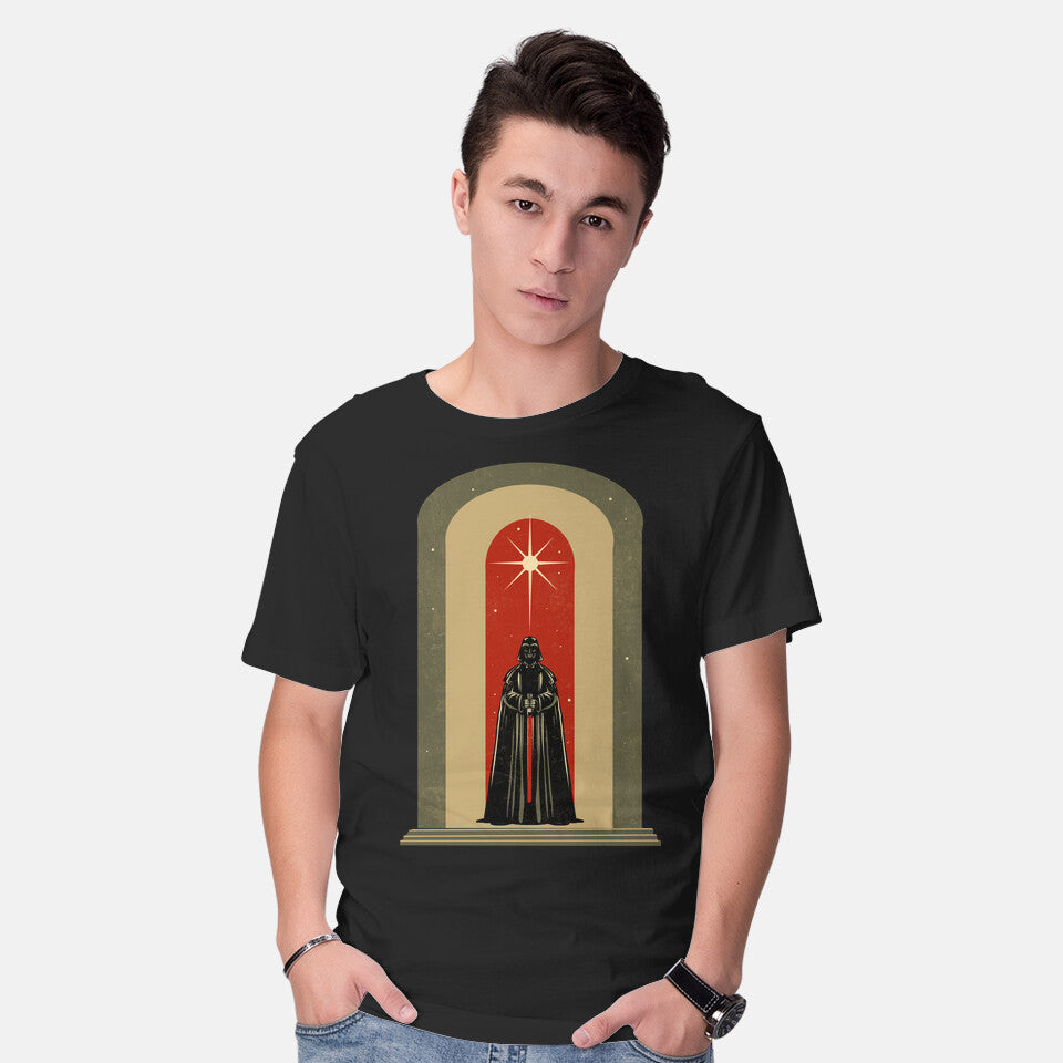Model wearing black The Dark Templar – Sci-Fi Graphic T-Shirt