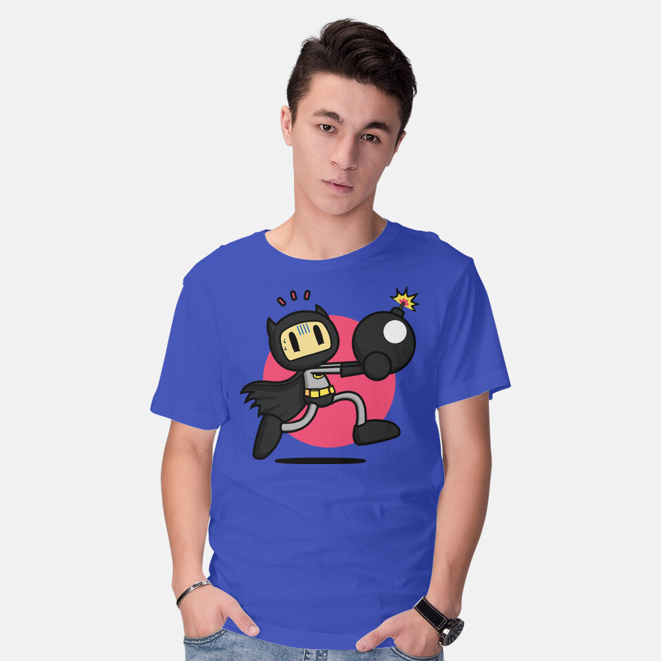 Model wearing royal blue Bomberbat – Gaming Graphic T-Shirt
