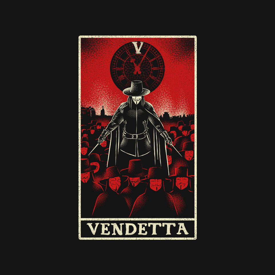Vendetta Tarot Card – Movie Graphic T-Shirt design artwork for black graphic T-shirt