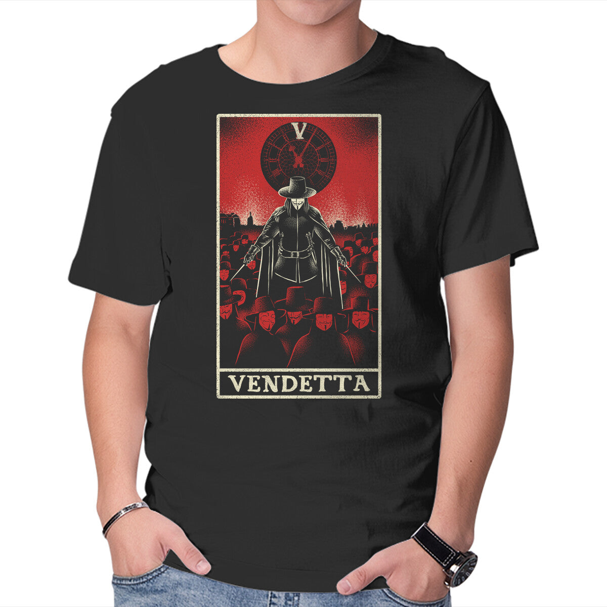 Vendetta Tarot Card – Movie Graphic T-Shirt in black, product display