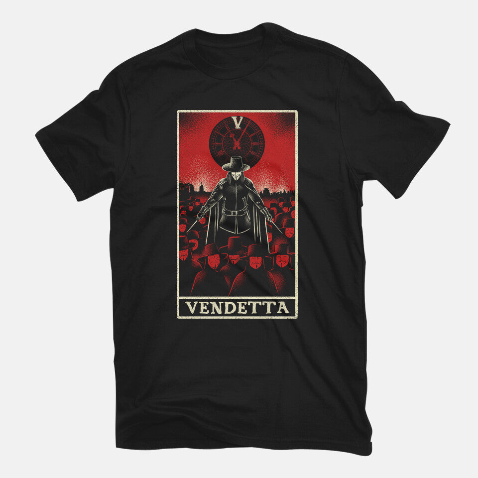 Vendetta Tarot Card – Movie Graphic T-Shirt in black, flat-lay product view