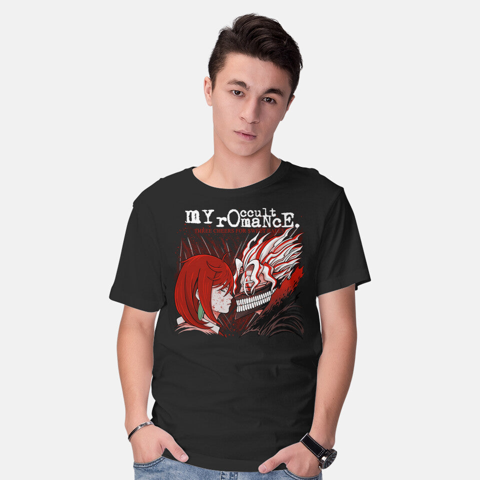 Model wearing black My Occult Romance – Anime Graphic T-Shirt