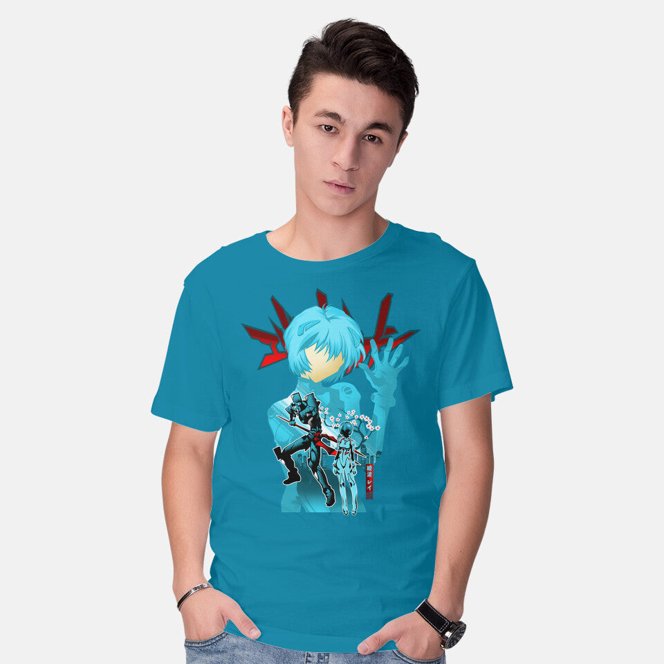 Model wearing turquoise Rei Silhouette – Anime Graphic T-Shirt