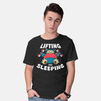 Model wearing black Lifting And Sleeping – Anime Graphic T-Shirt