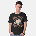 Model wearing black Wake Me Up When Nevermind – Anime Graphic T-Shirt