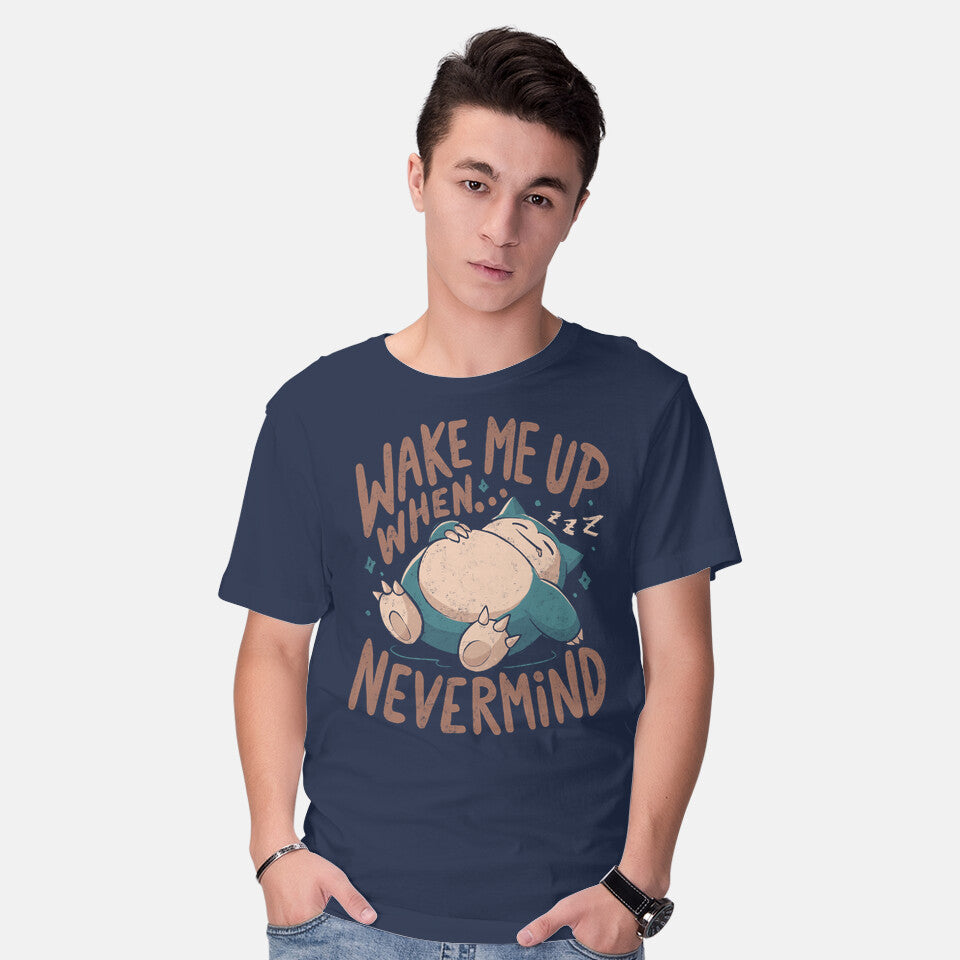Model wearing navy Wake Me Up When Nevermind – Anime Graphic T-Shirt
