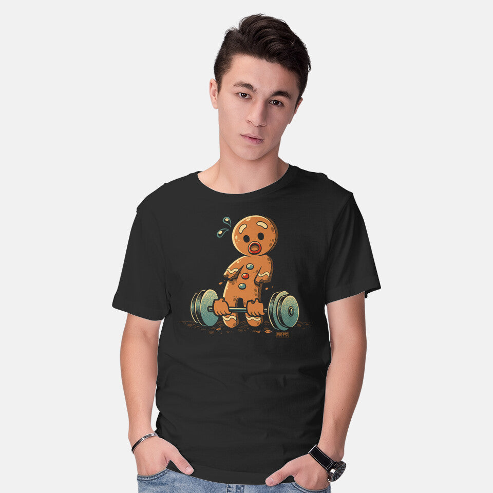 Model wearing black Gingerbread Workout – Movie Graphic T-Shirt
