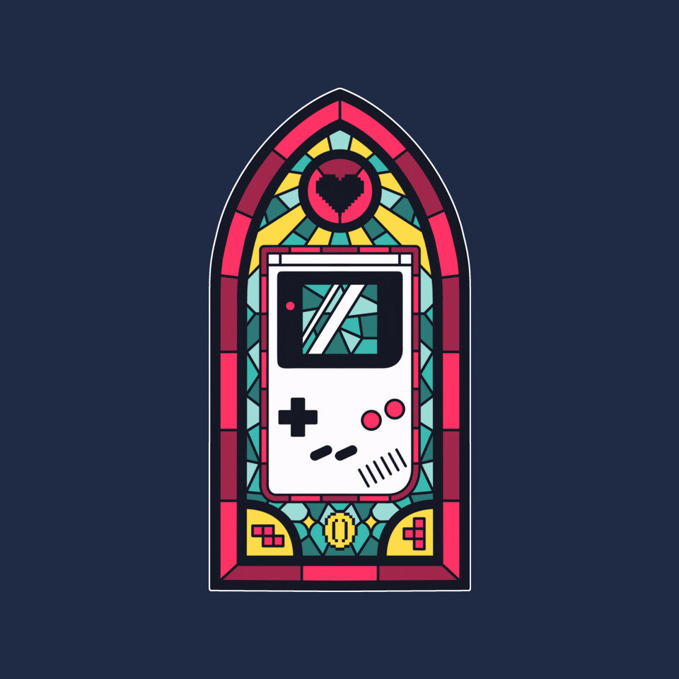 8Bits Stained Glass – Gaming Graphic T-Shirt design artwork for navy graphic T-shirt