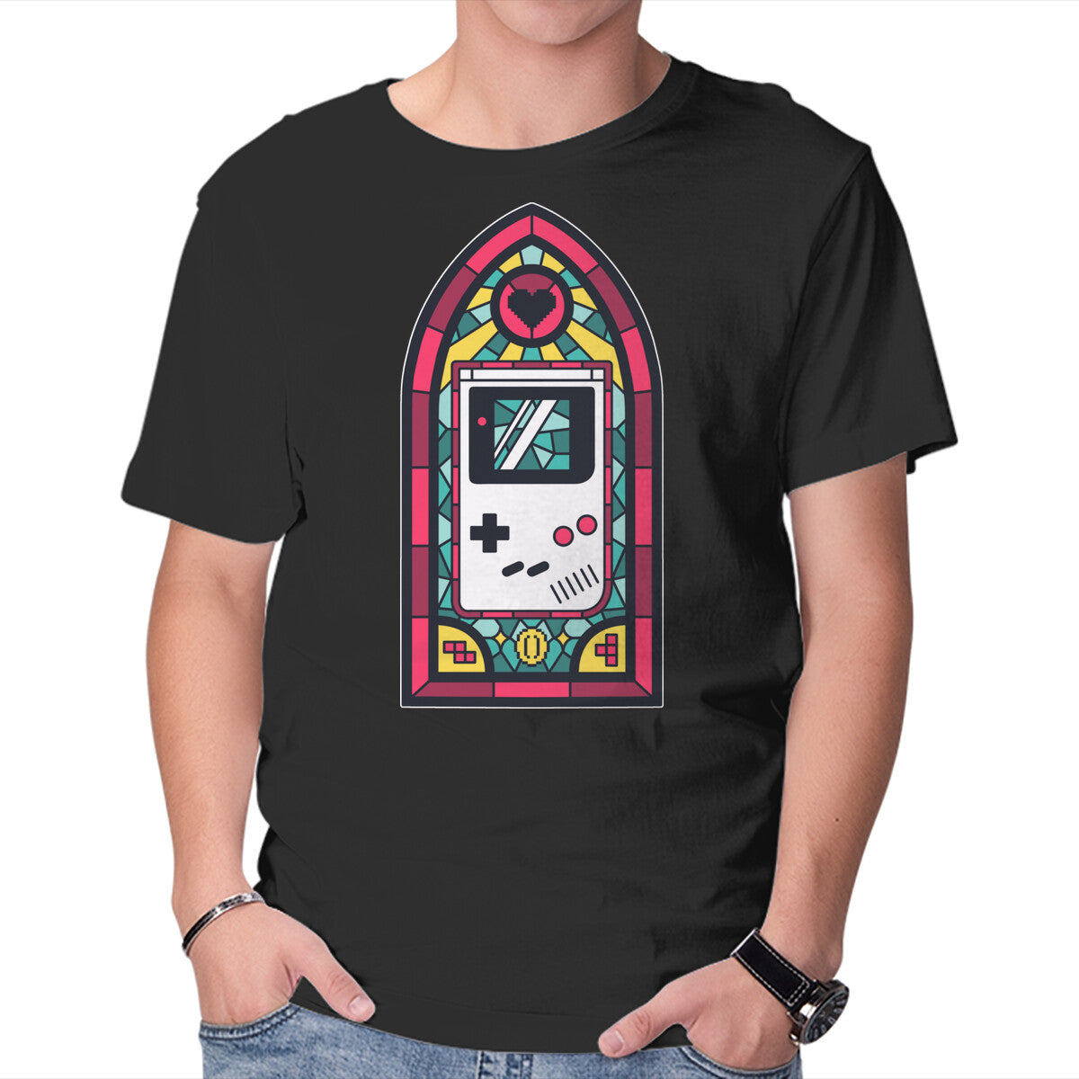 8Bits Stained Glass – Gaming Graphic T-Shirt in black, product display