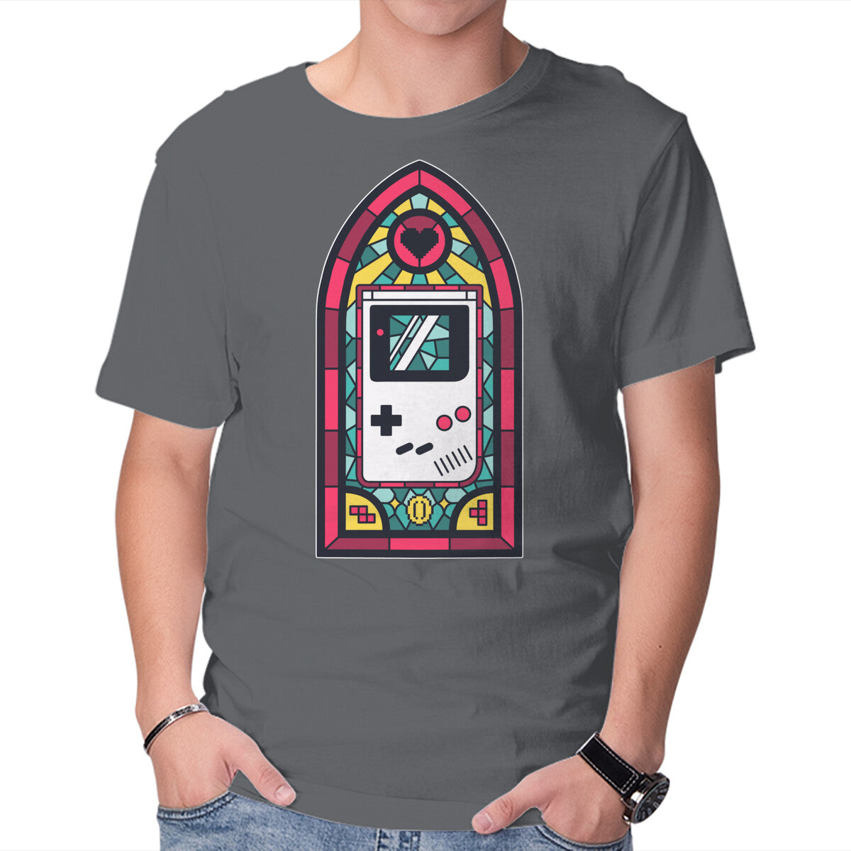 8Bits Stained Glass – Gaming Graphic T-Shirt in charcoal, product display