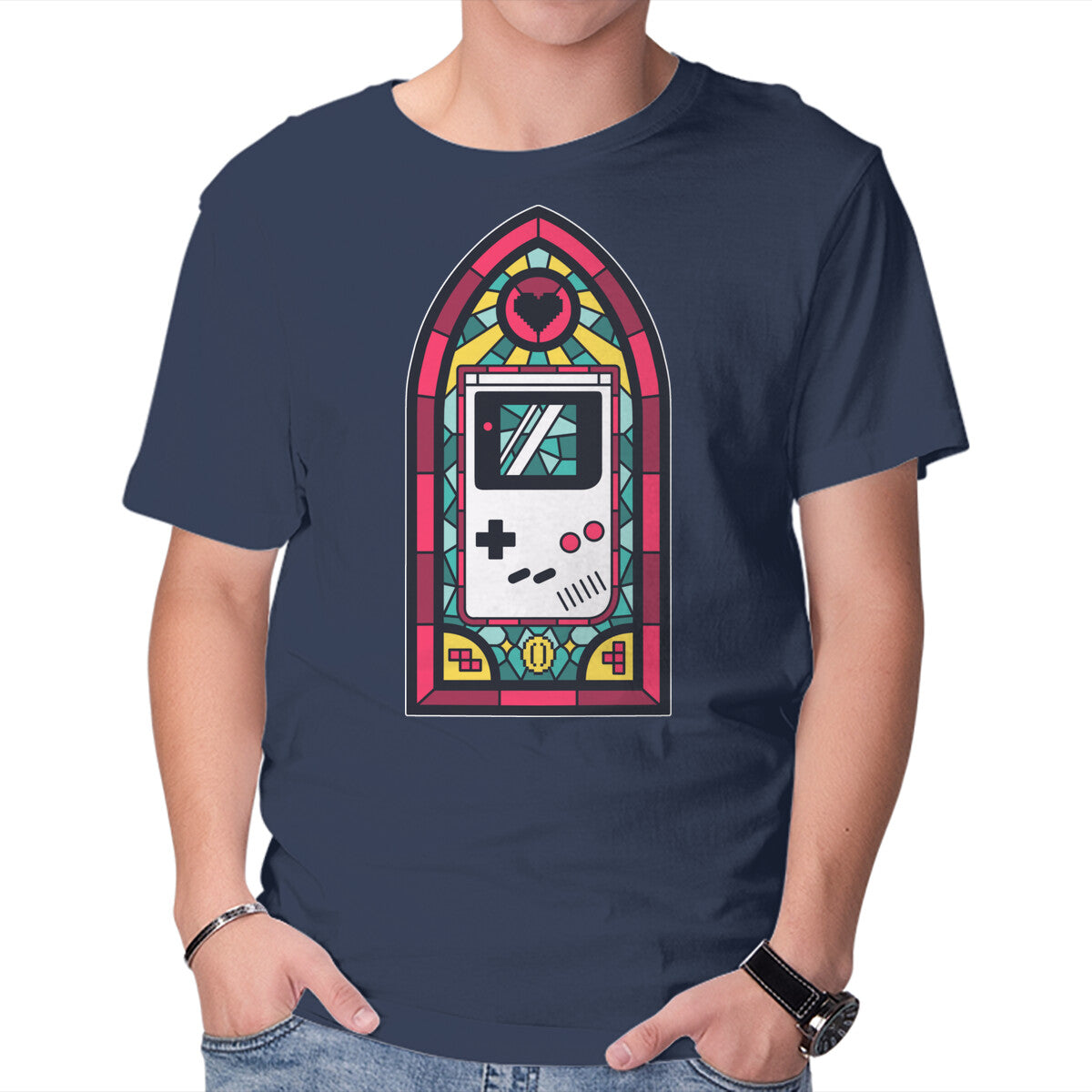 8Bits Stained Glass – Gaming Graphic T-Shirt in navy, product display