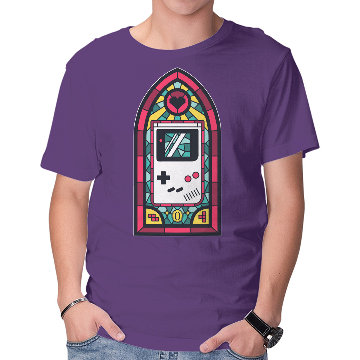 8Bits Stained Glass – Gaming Graphic T-Shirt in purple, product display