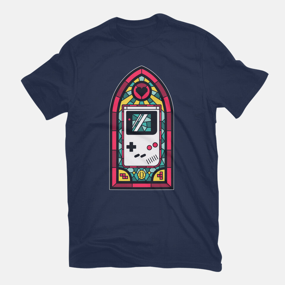 8Bits Stained Glass – Gaming Graphic T-Shirt in navy, flat-lay product view