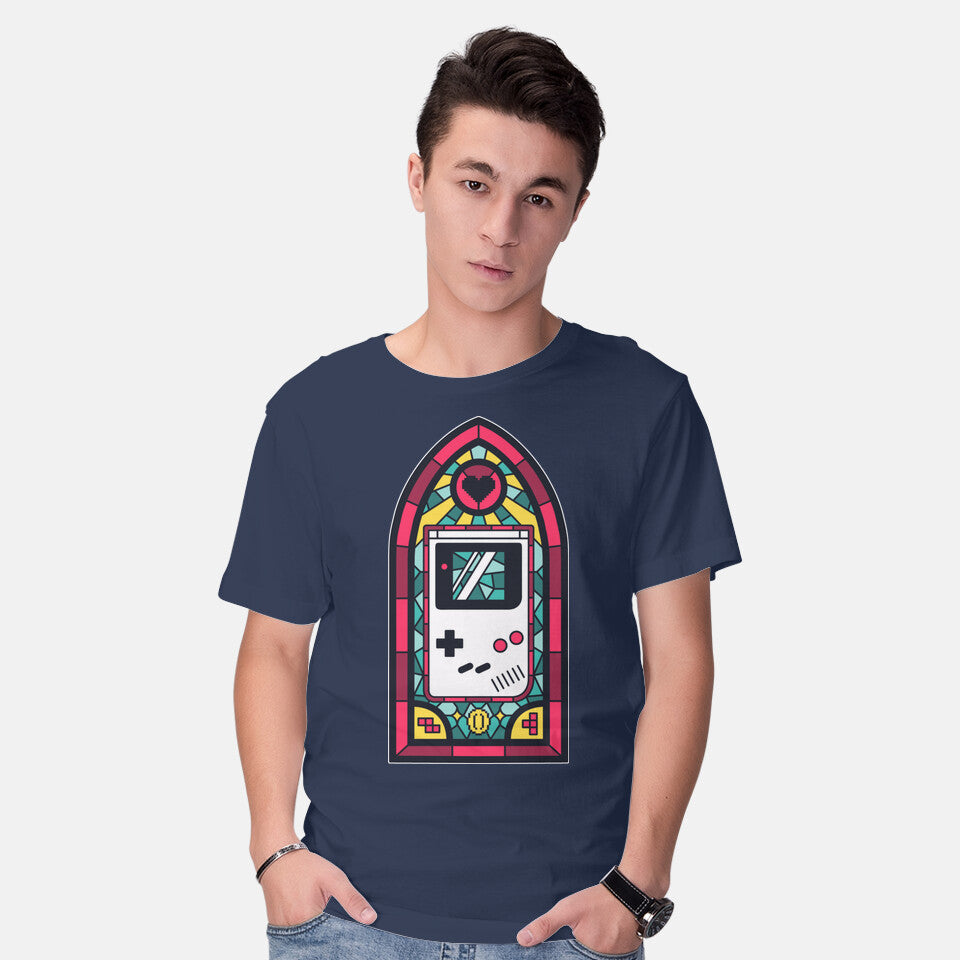 Model wearing navy 8Bits Stained Glass – Gaming Graphic T-Shirt