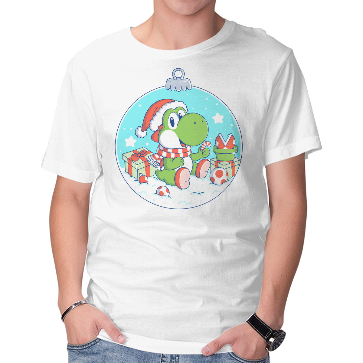 Dino Christmas – Gaming Graphic T-Shirt in white, product display