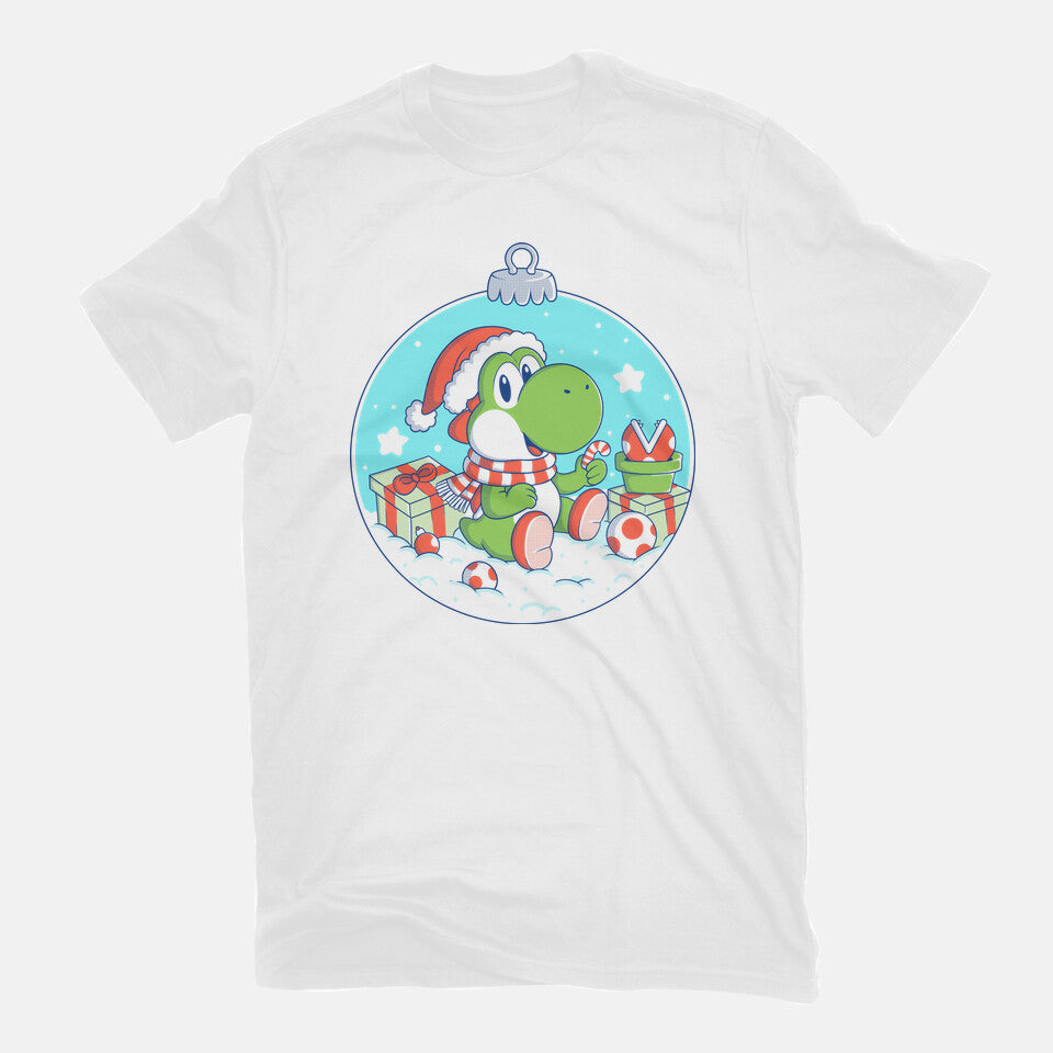 Dino Christmas – Gaming Graphic T-Shirt in white, flat-lay product view