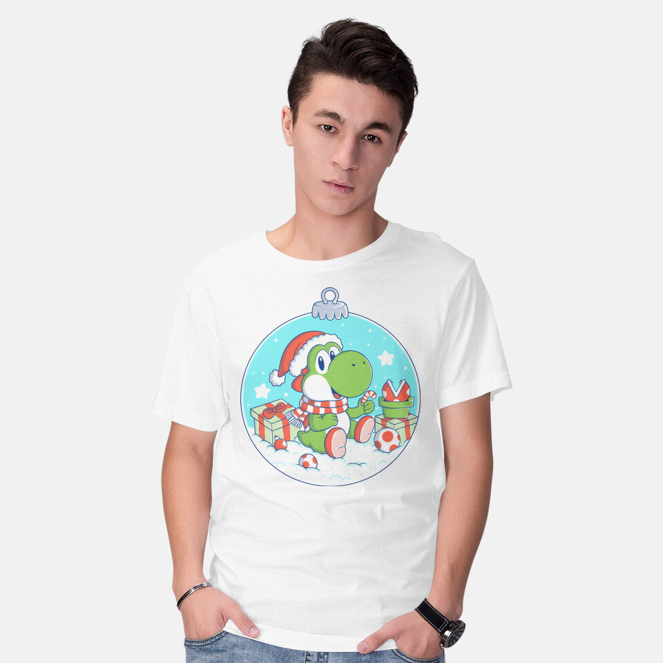 Model wearing white Dino Christmas – Gaming Graphic T-Shirt