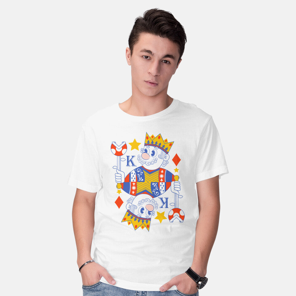 Model wearing white Mushroom King – Gaming Graphic T-Shirt