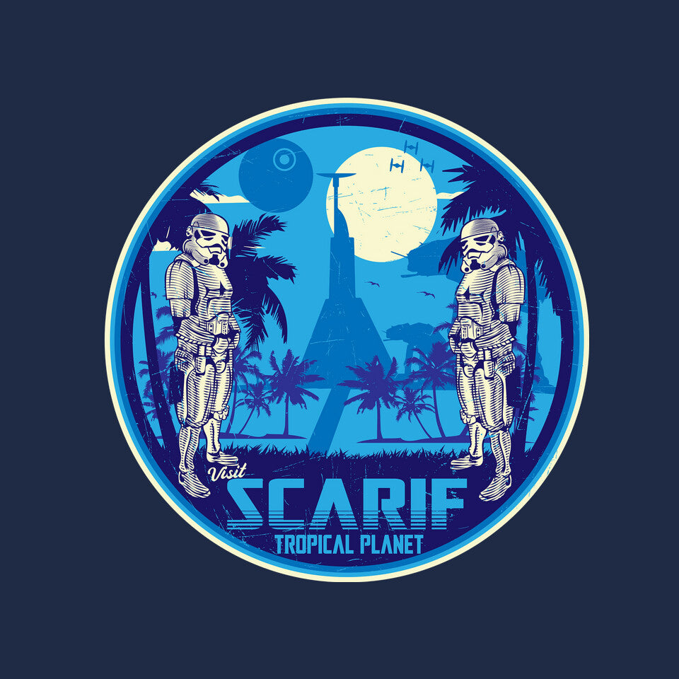 Visit The Tropical Planet – Sci-Fi Graphic T-Shirt design artwork for navy graphic T-shirt
