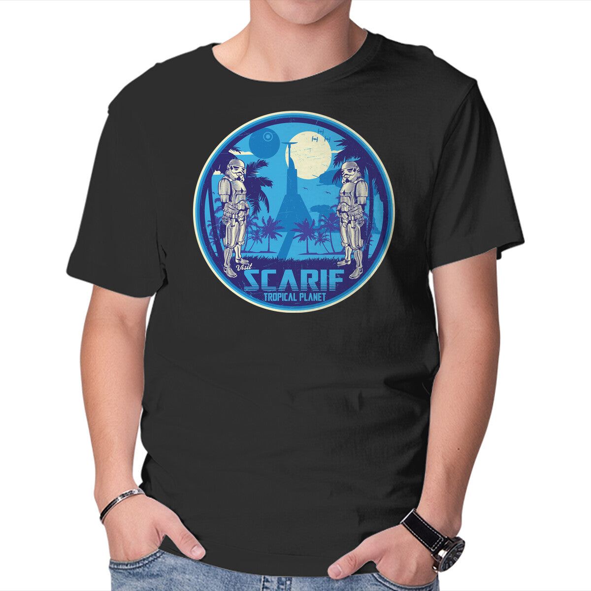 Visit The Tropical Planet – Sci-Fi Graphic T-Shirt in black, product display