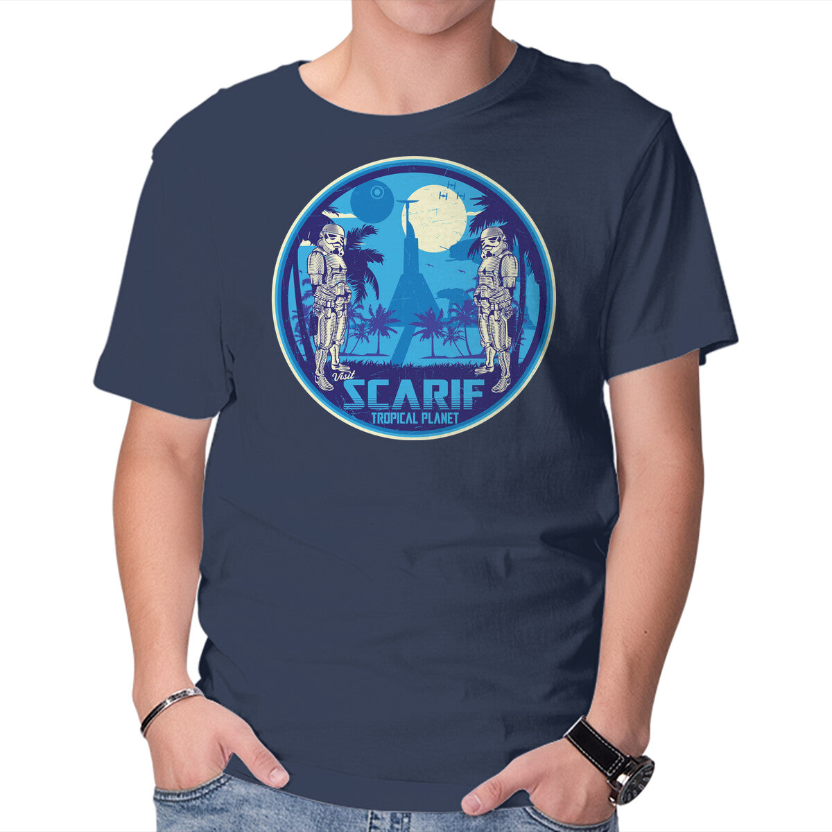 Visit The Tropical Planet – Sci-Fi Graphic T-Shirt in navy, product display