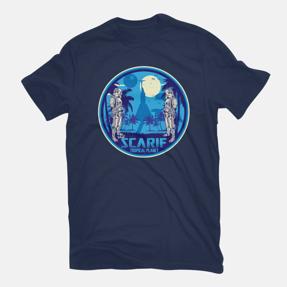 Visit The Tropical Planet – Sci-Fi Graphic T-Shirt in navy, flat-lay product view
