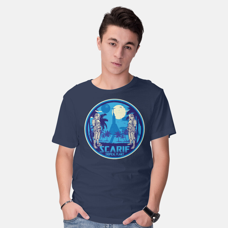 Model wearing navy Visit The Tropical Planet – Sci-Fi Graphic T-Shirt
