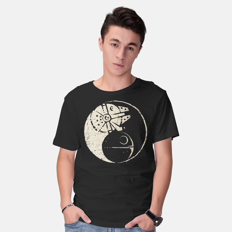 Model wearing black Balancing The Force – Sci-Fi Graphic T-Shirt