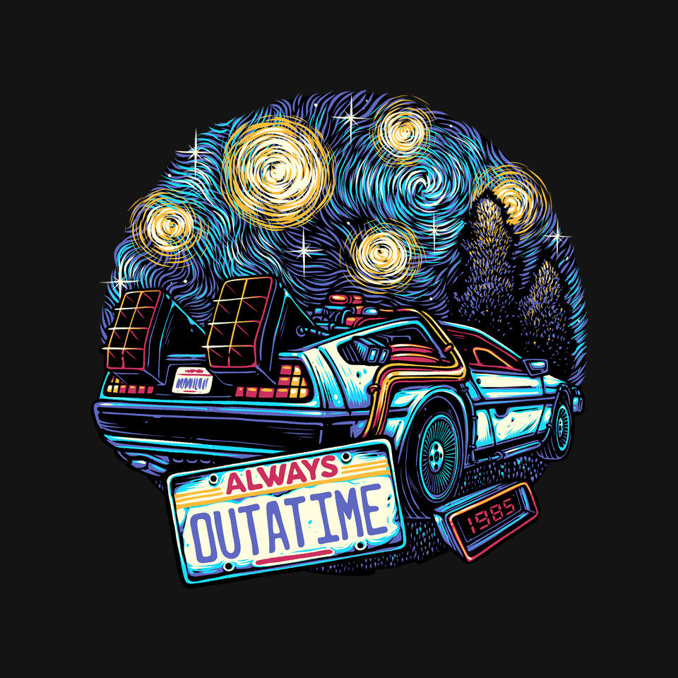 Always Outatime – Sci-Fi Graphic T-Shirt design artwork for black graphic T-shirt