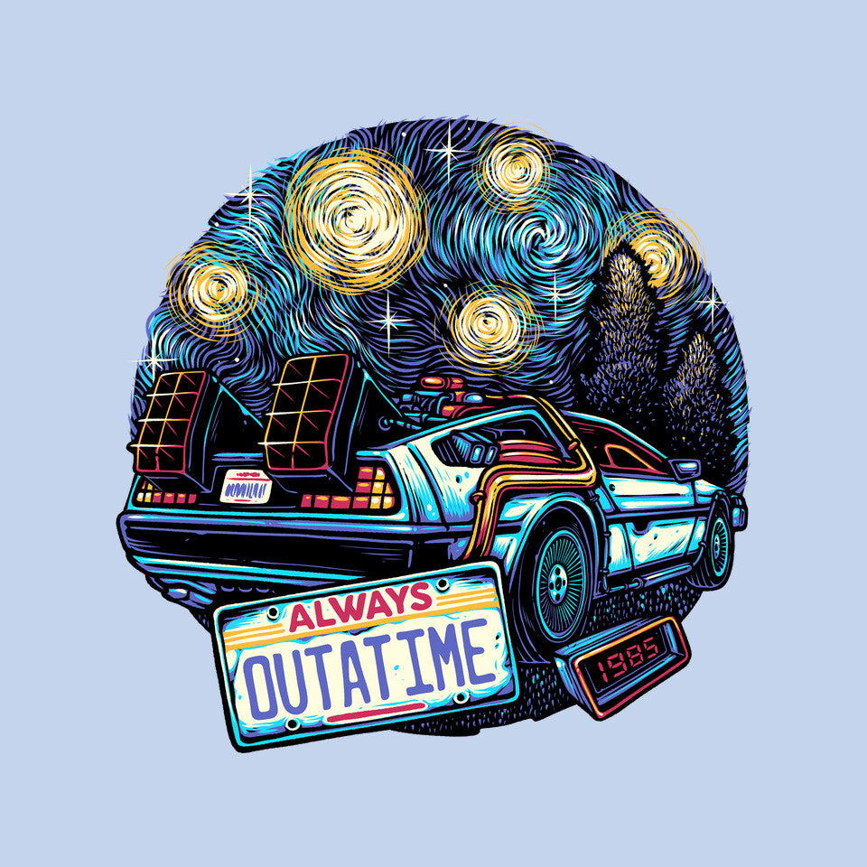Always Outatime – Sci-Fi Graphic T-Shirt design artwork for blue graphic T-shirt