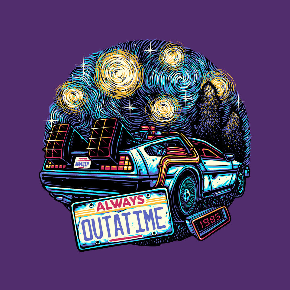 Always Outatime – Sci-Fi Graphic T-Shirt design artwork for purple graphic T-shirt