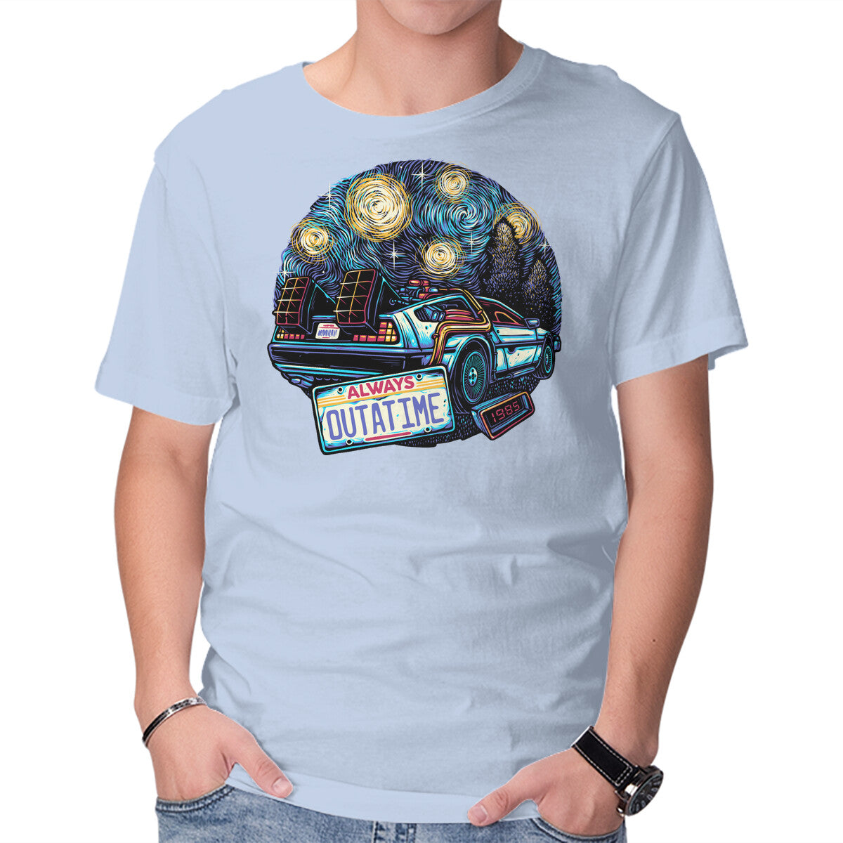 Always Outatime – Sci-Fi Graphic T-Shirt in blue, product display