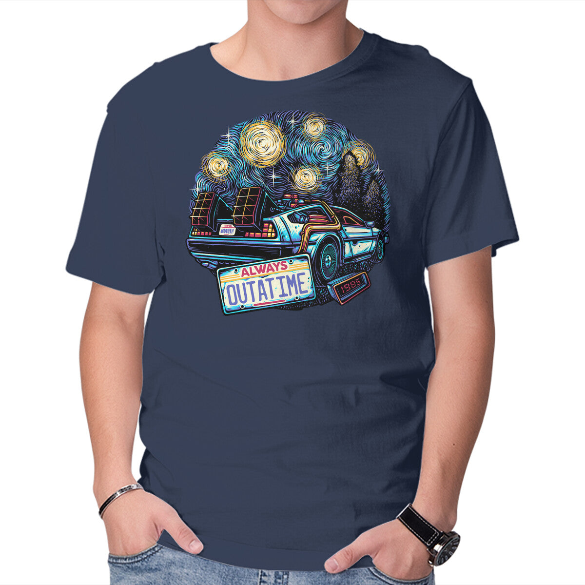 Always Outatime – Sci-Fi Graphic T-Shirt in navy, product display