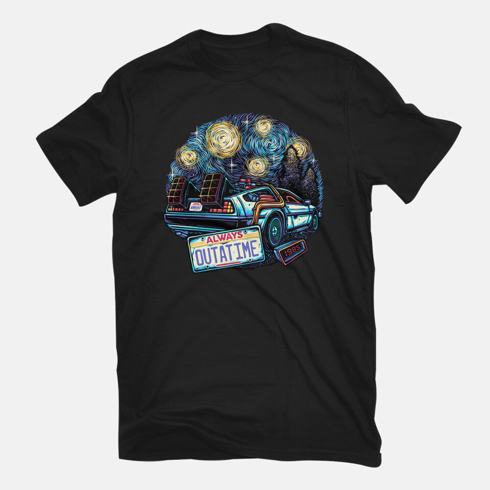 Always Outatime – Sci-Fi Graphic T-Shirt in black, flat-lay product view