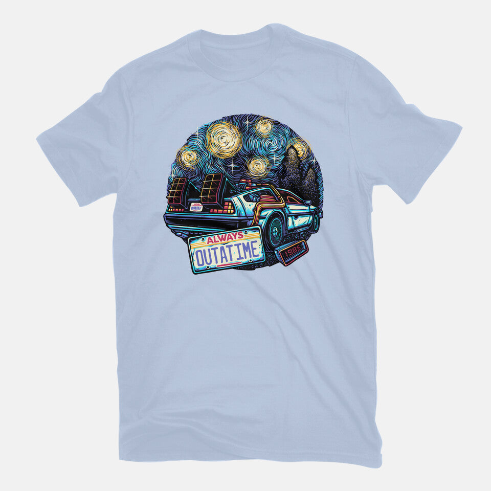 Always Outatime – Sci-Fi Graphic T-Shirt in blue, flat-lay product view