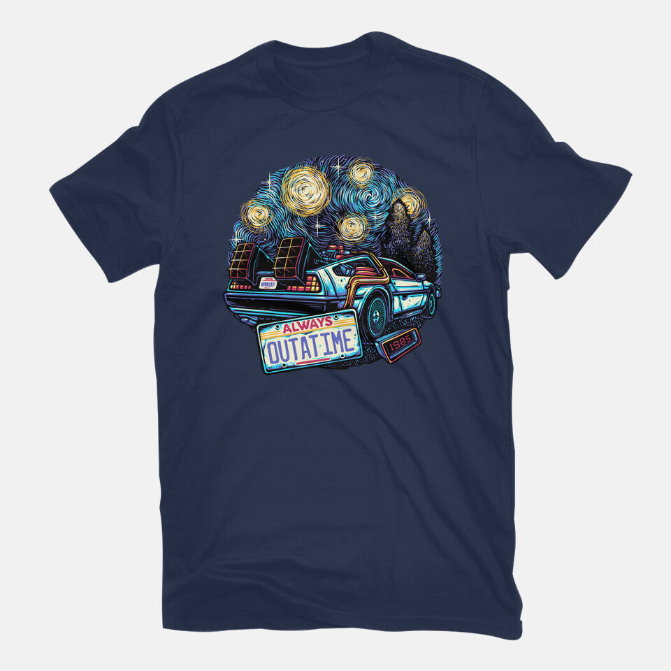 Always Outatime – Sci-Fi Graphic T-Shirt in navy, flat-lay product view