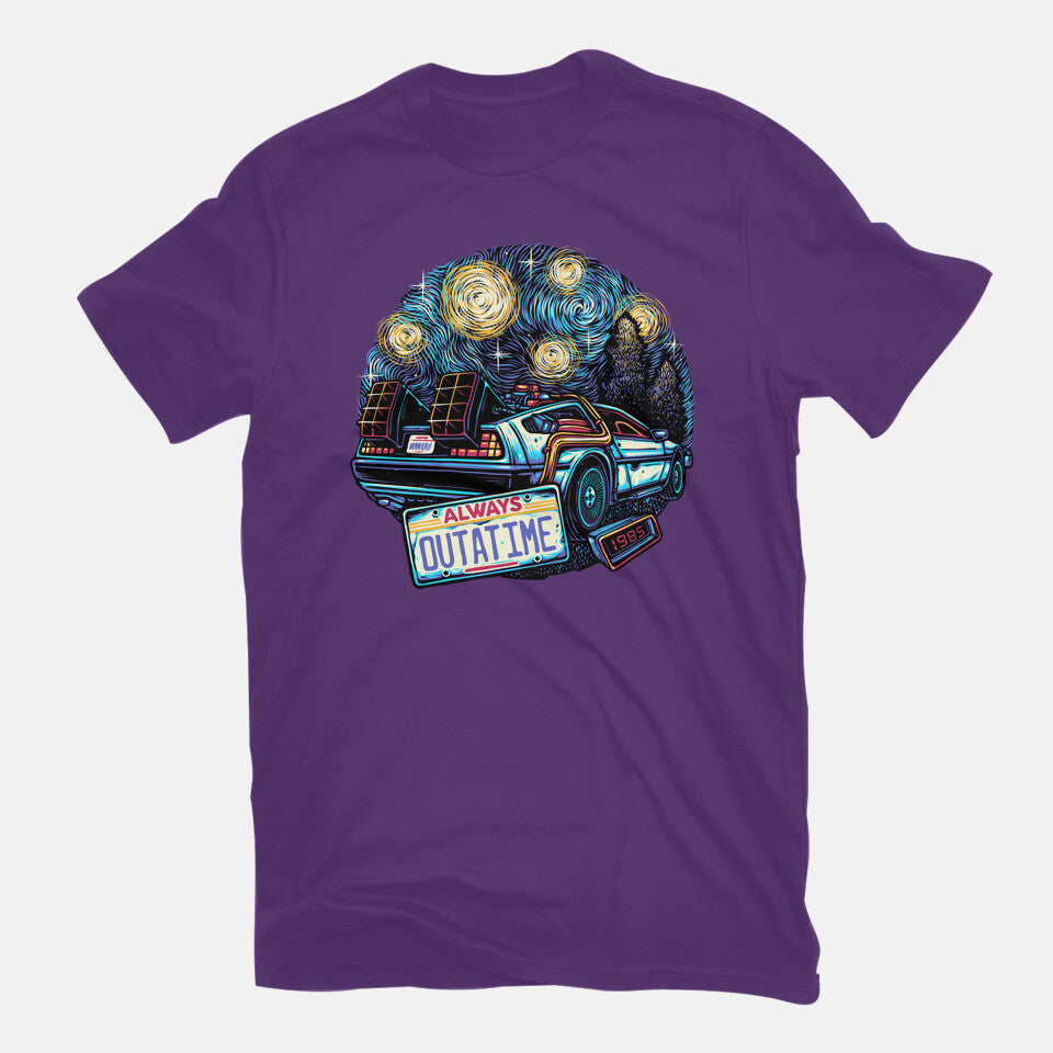 Always Outatime – Sci-Fi Graphic T-Shirt in purple, flat-lay product view